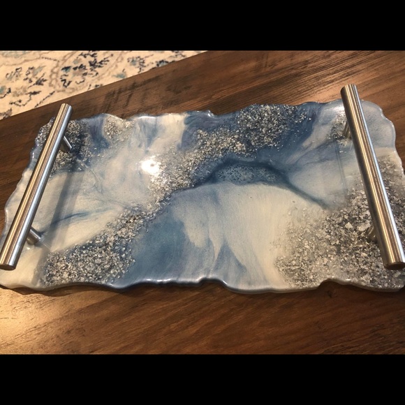 Resin Tray / Big Resin Tray / Blue Tray / Blue and Gold Tray  Gorgeous Decorative Hand-Poured Resin Tray with Handles